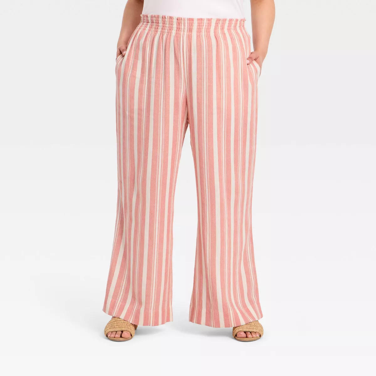 Women's Linen Wide Leg Pull-On Pants - A New Day™ Red/White Striped 4X Long | Target