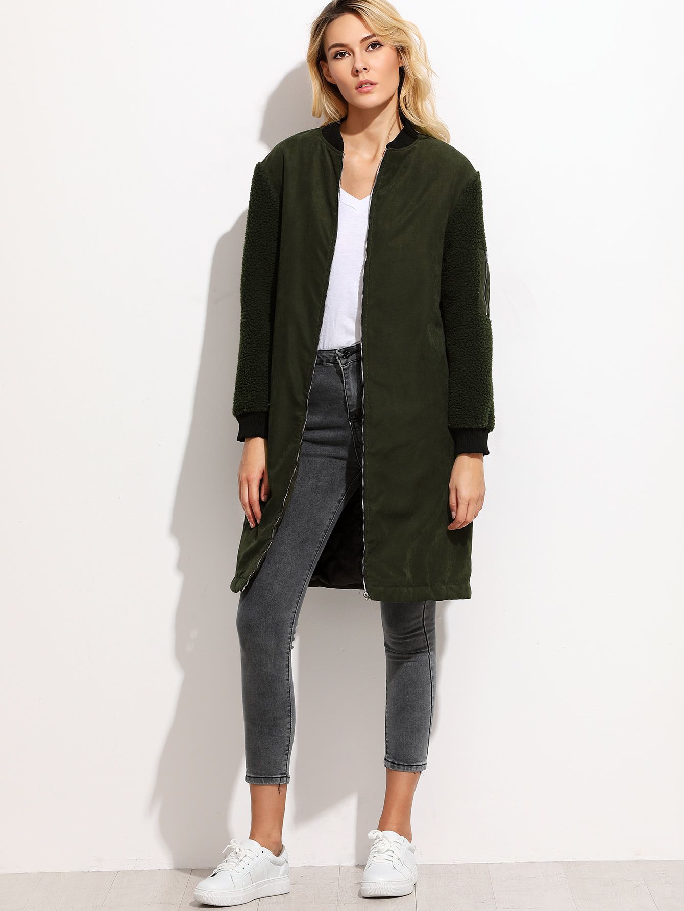 Olive Green Fleece Sleeve Suede Bomber Coat | SHEIN