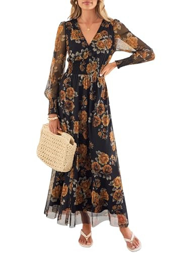 ANRABESS Women's Floral Maxi Dress 2025 Fall V Neck Puff Long Sleeve Flowy Casual Wedding Guest Tea Party Tulle Dresses Floral Black Yellow Medium | Amazon (US)