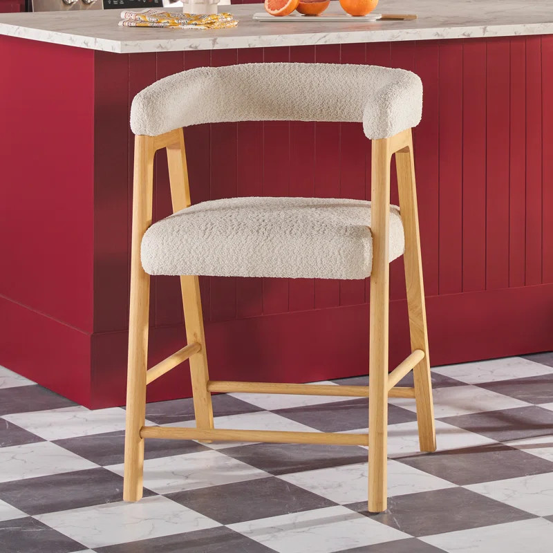 Modern Solid Wood Counter Stool with Curved Back and Boucle Upholstery | Wayfair North America