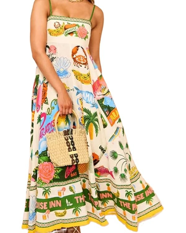 Women Cute Print Maxi Cami Dress Loose Sleeveless Spaghetti Strap Boho Dress Flowy Graffiti Long ... | Amazon (US)