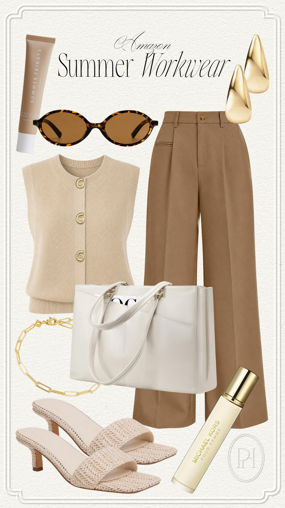 Summer workwear finds from Amazon!

office looks, office wear, brown slacks, brown pants, sleeveless cardigan, knit top, tan top, sleeveless blouse, knit tank top, oval sunglasses, lip balm, roll on perfume, women's fragrance, teardrop earrings, gold earrings, gold bracelet, laptop bag, office tote bag, work handbag, white handbag, link bracelet, gold bracelet, neutral sandals, summer sandals, kitten heel sandals, summer fashion, summer style, summer outfit, summer looks 

 #LTKgrwm #LTKootd #LTKWorkwear