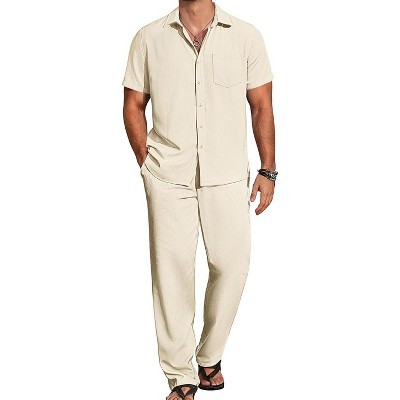COOFANDY Mens 2 Piece Casual Beach Outfits Short Sleeve Button Down Shirts Summer Loose Pant Sets Vacation Walking Outfits Beige XXXL | Target