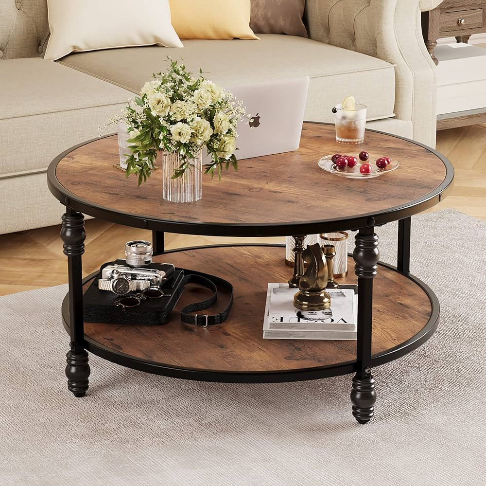 IDEALHOUSE Round Coffee Table for Living Room Rustic Center Table with Storage Shelf Wood Circle ... | Amazon (US)
