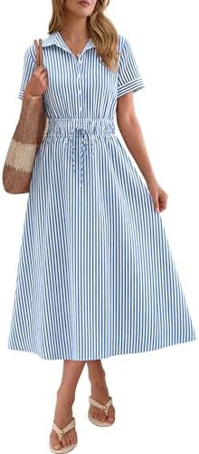 ANRABESS Womens Summer Midi Dress Short Sleeve Striped Plaid Button Collar Shirt Dresses 2026 Cas... | Amazon (US)