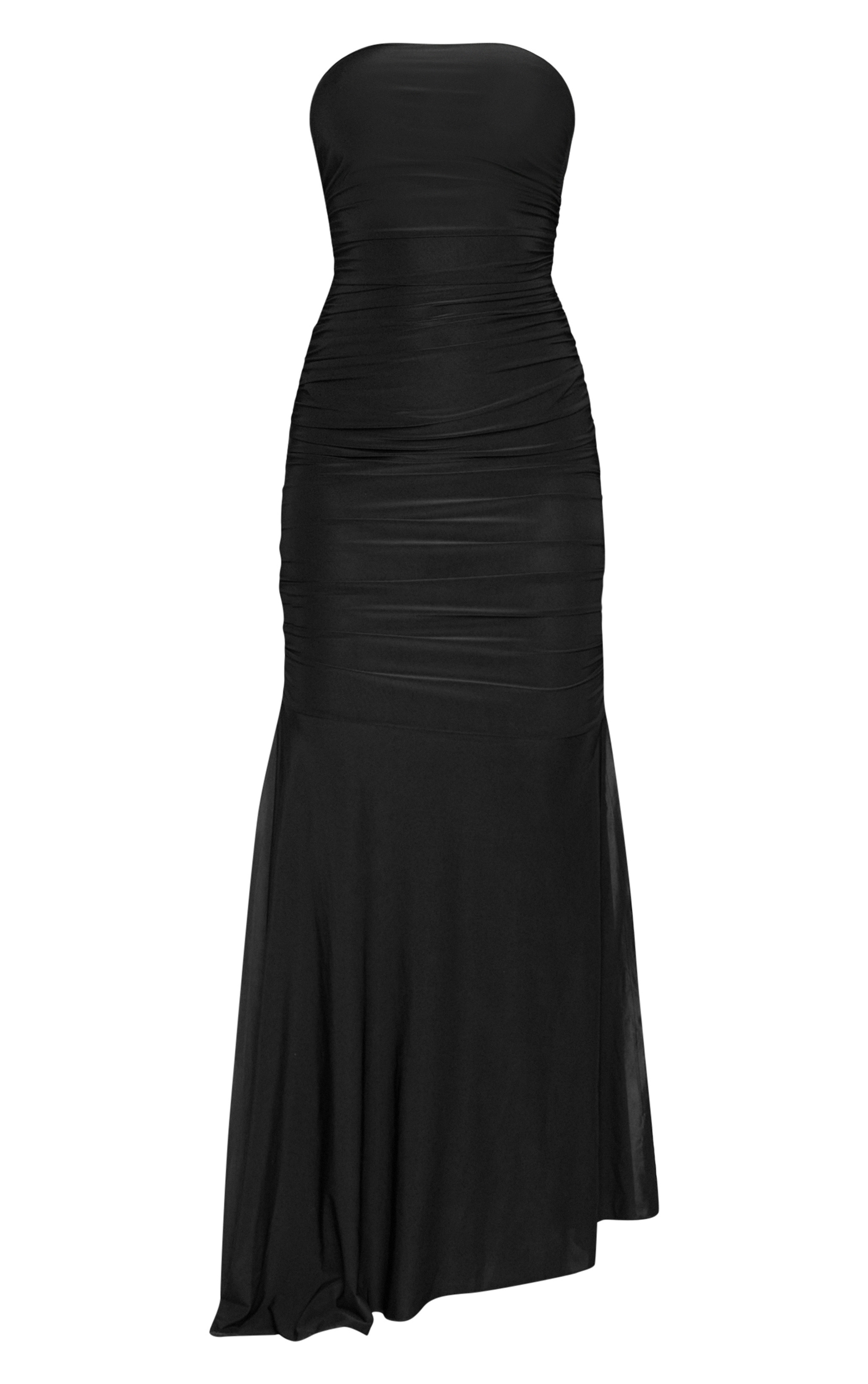 Black Slinky Ruched Bandeau Flare Hem Maxi Dress | PrettyLittleThing US