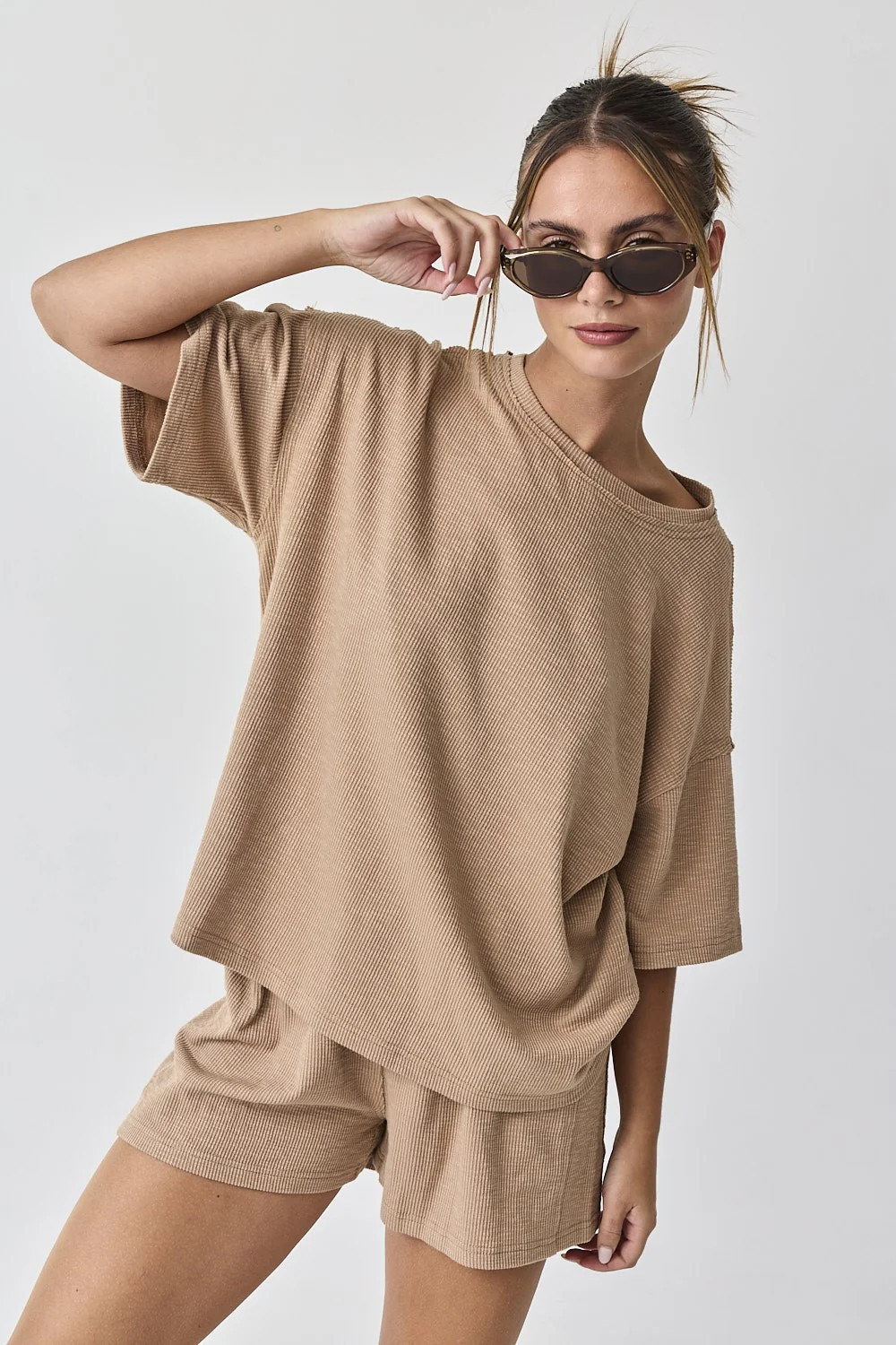 Taupe Ribbed Short Sleeve Short Set | PinkBlush Maternity