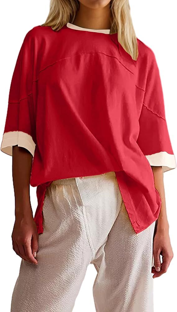 Women Oversized Color Block Short Sleeve T Shirt Crewneck Patchwork Split Hem Shirt Casual Loose ... | Amazon (US)