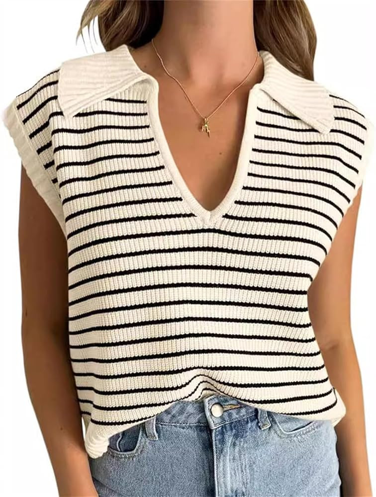 HOULENGS Women's Casual Sleeveless Striped Pullover Sweaters V Neck Lapel Sweater Vests 2024 Spri... | Amazon (US)