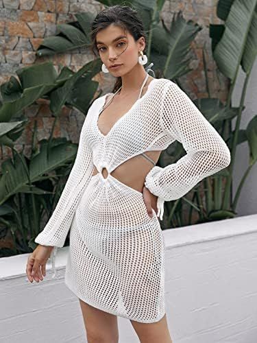 MakeMeChic Women's Crochet Cover Up Long Sleeve Knitted Swim Beach Cover Up Dress Swimwear | Amazon (US)