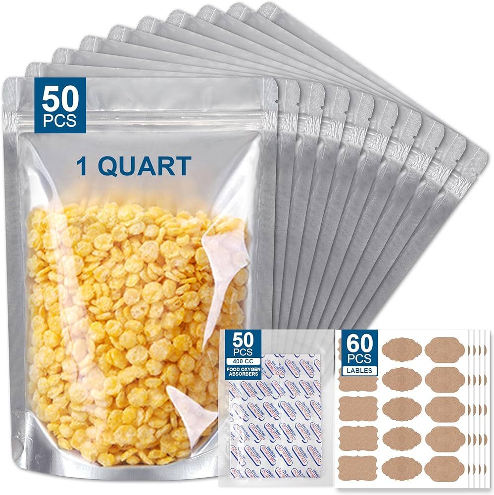 50 Packs Mylar Bags for Food Storage with Clear Window,1 QUART(9.44 Mil, 7"x 10") Reusable Mylar ... | Amazon (US)