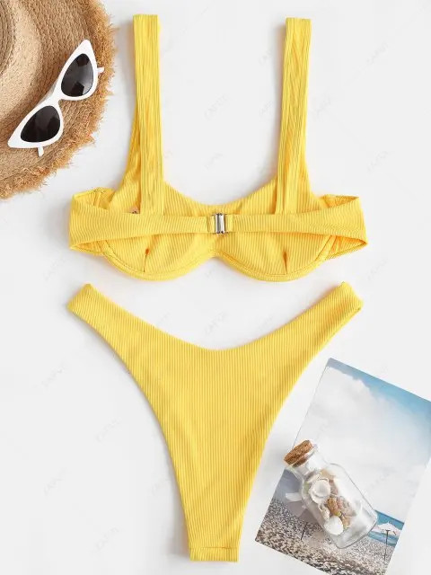 / Swimwear / Bikinis / Bikini Sets / ZAFUL Ribbed W-wired High Cut Bikini Swimwear | ZAFUL (Global)