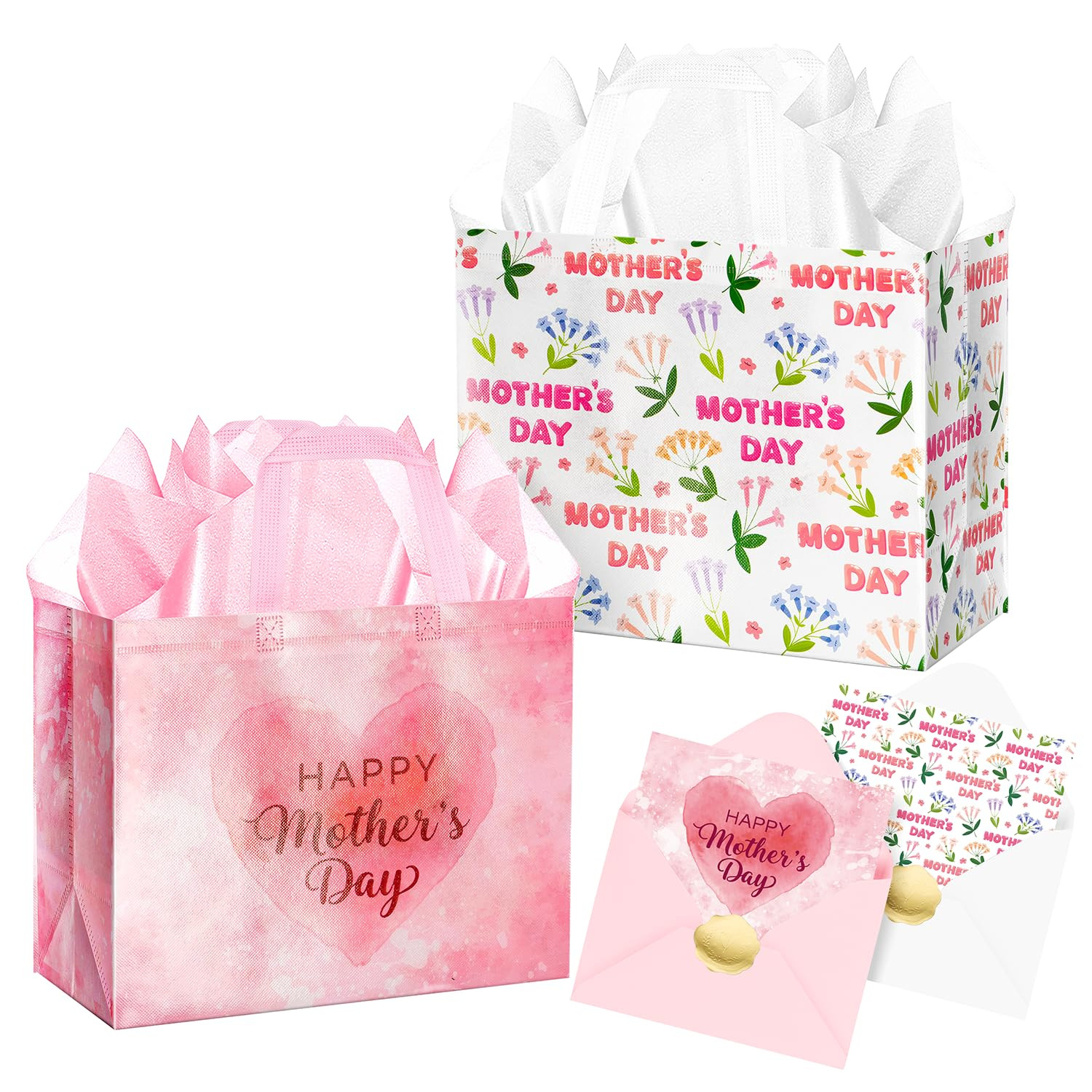 XiaosRen 2Pcs Large Happy Mother's Day Bags with Card and Tissue Paper, Reusable Non-Woven Gift B... | Amazon (US)