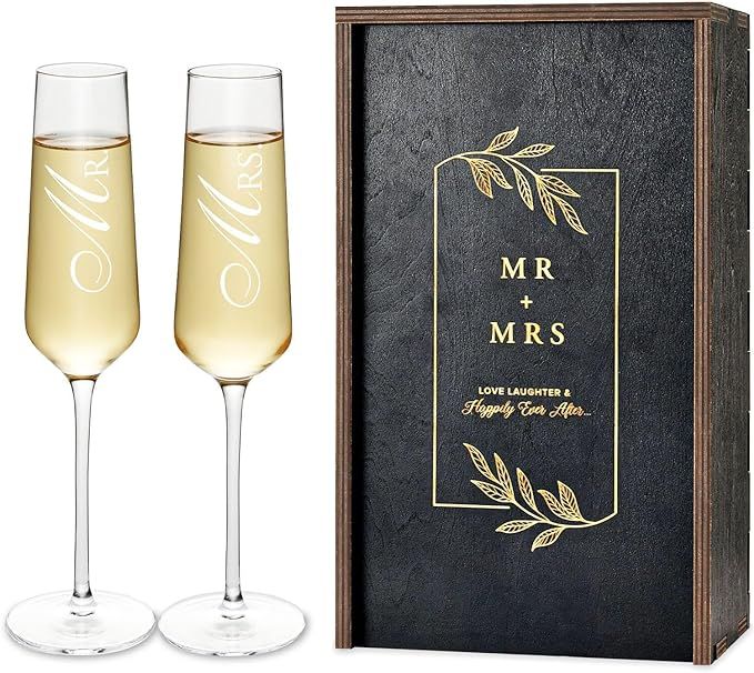 AW BRIDAL Wedding Champagne Flutes Set with Wood Memory Box, Crystal Champagne Flutes for Mr and ... | Amazon (US)