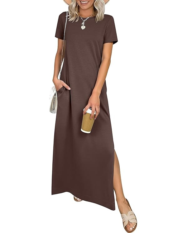 ANRABESS Womens Summer Casual Maxi Dress Short Sleeve Crewneck Split Wrinkle-Free Beach Travel Va... | Amazon (US)