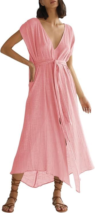 Saodimallsu Womens Deep V Neck Beach Dress Short Sleeve Backless Summer Maxi Dresses Tie Waist Co... | Amazon (US)