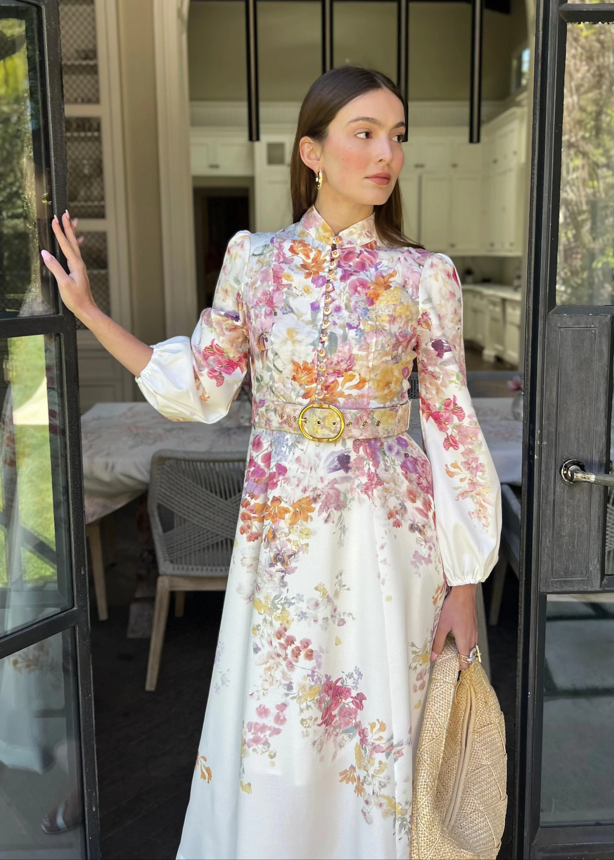 Anastasia Long Puff Sleeve Multicolor Floral Midi Dress | Benaar La
