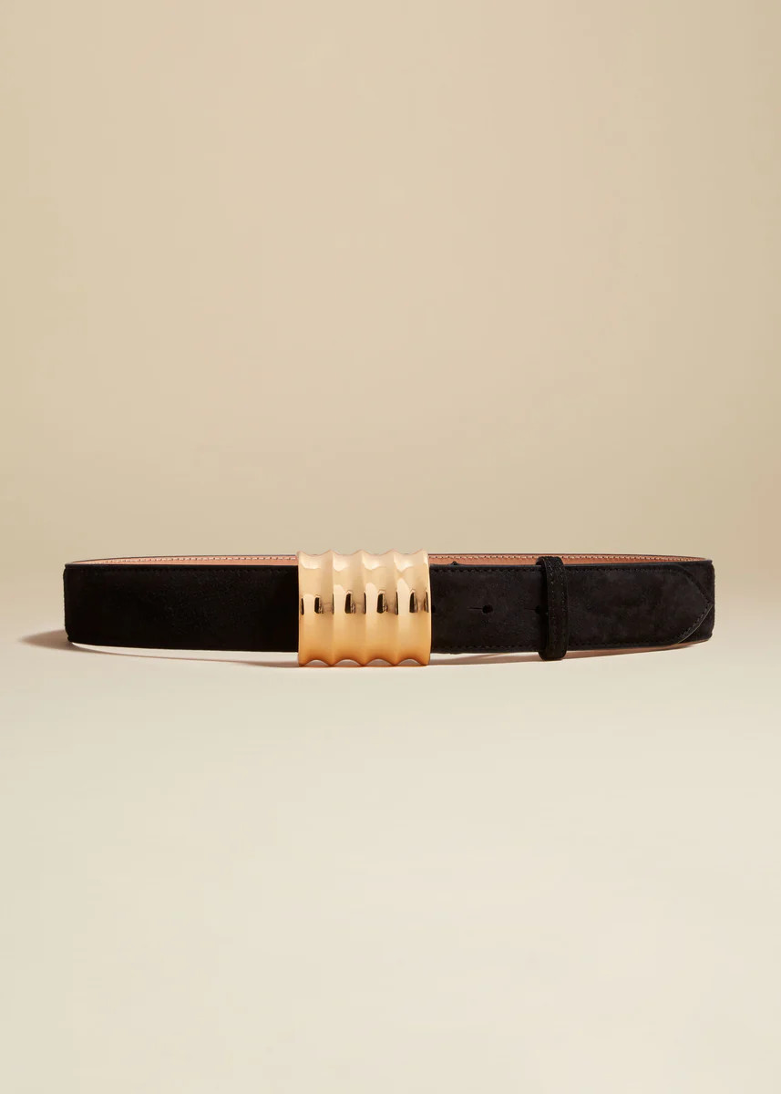 The Medium Julius Belt in Black Suede with Gold | Khaite