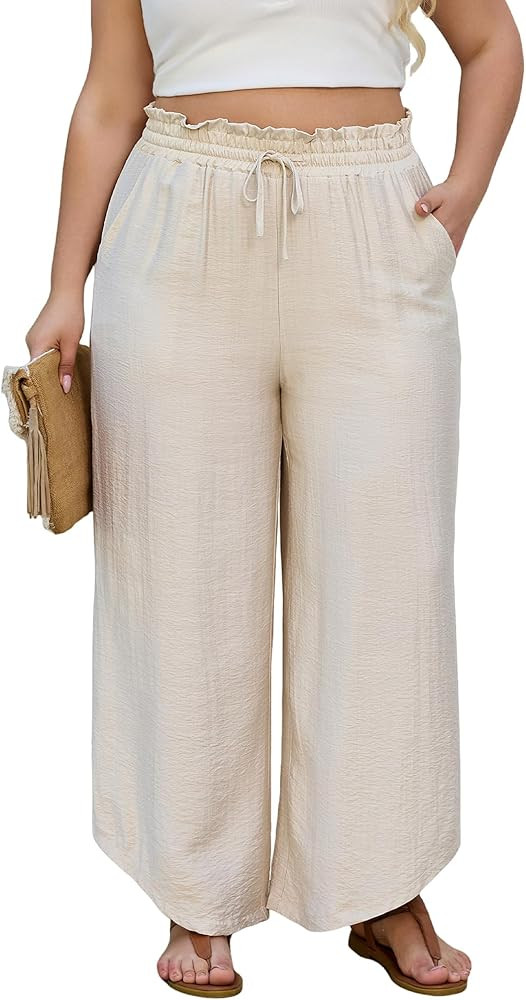 MK Shop Limited Plus Size Wide Leg Pants for Women Elastic High Waist Palazzo Pants Casual Lounge... | Amazon (US)