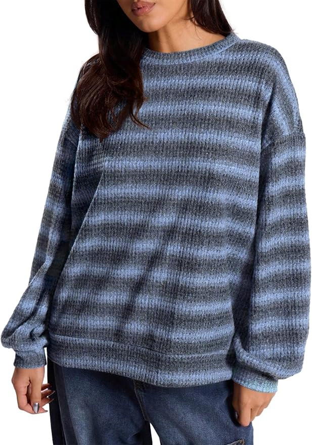 KIRUNDO Womens Waffle Knit Tops Casual Striped Long Sleeve Pullover Shirt | Amazon (US)