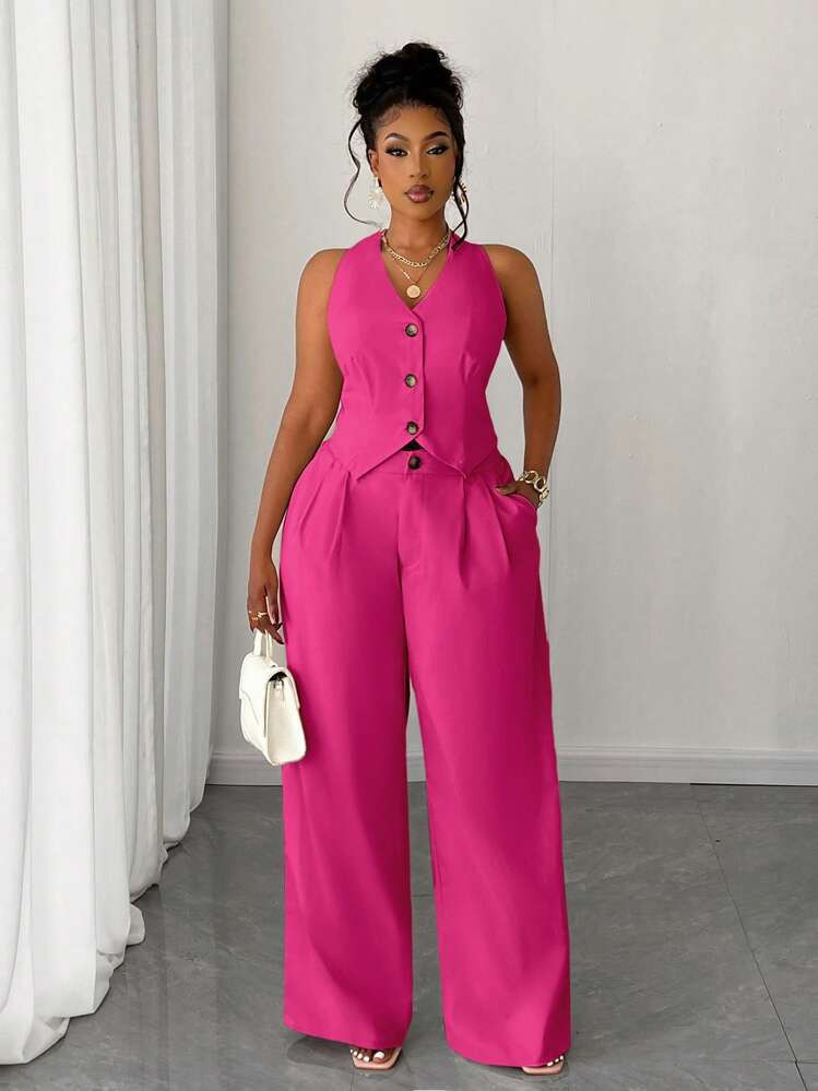 Plus Size Women 2pcs Set Solid Color Cropped Vest & Wide Leg Pants Suit Pink Festival | SHEIN