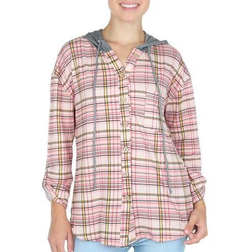 Women's Plaid Print Hooded Top - Pink-Pink-1358281384365   | Burkes Outlet | bealls