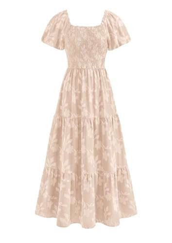 PRETTYGARDEN Women's 2026 Summer Boho Maxi Dresses Floral Short Sleeve Square Neck Smocked Flowy Long Dress Vacation Outfits (Beige,Small) | Amazon (US)