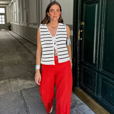 Women's Tie Knit Vest Crochet Sleeveless Open Front Cardigan Sweater Vest Top White Stripe S | Target