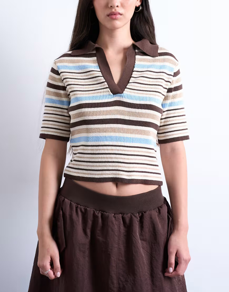 Topshop knitted collared polo in brown stripe-Multi | ASOS (Global)