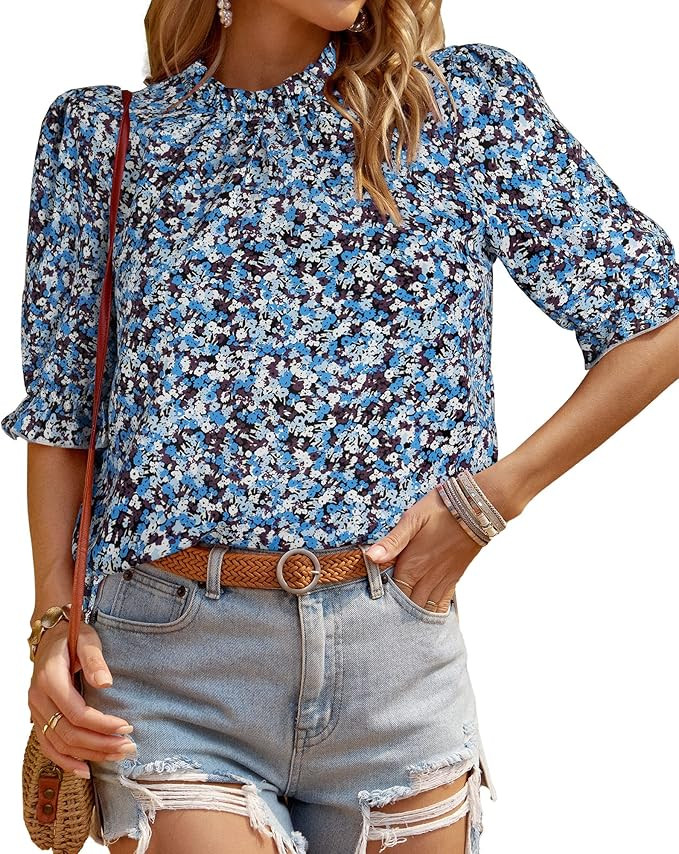 BTFBM Women's Summer Boho Shirt Top Ruffle Short Sleeve Frill Trim Mock Neck Floral Solid 2025 Ca... | Amazon (US)