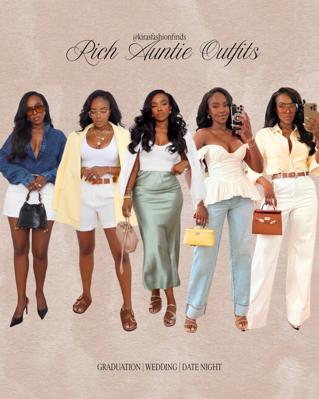 ✨ Rich Auntie Energy — Polished neutrals, luxe textures, and elevated silhouettes that never miss. Styled multiple ways so the cost per wear drops and each piece works overtime in your wardrobe.

From structured blazers and tailored trousers to satin skirts and chic denim, these looks are a long-term shopping strategy that feel timeless, feminine, and powerful.

Perfect for graduation celebrations, wedding guest moments, date nights, brunch with the girls, networking events, and upscale dinners.

📏 Sizing: Size Small  
Height 5’4” | Weight 138 lbs | Bust 34D | Waist 27” | Hips 40”

Think tailored wide-leg trousers, satin midi skirts, structured handbags, neutral blazers, elevated basics, capsule wardrobe staples, classic feminine silhouettes, luxury-inspired accessories, and chic monochrome styling.

Tap to get details and recreate your favorite look.

Follow me on Instagram and YouTube @kirasfashionfinds
