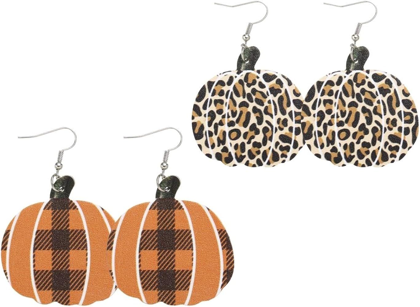 2 Pairs Thanksgiving Christmas Pumpkin PU Leather Dangle Earrings Lightweight Leopard Plaid PU Dr... | Amazon (US)