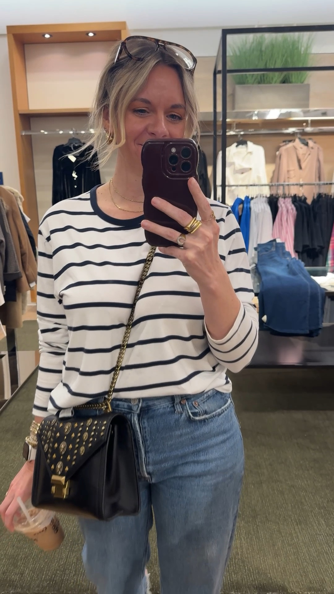 Client appointment OOTD ✔️ Stripes + straight leg jeans + a good bag never misses. The formula: one classic print, one structured accessory, and a cuff on the hem to make it intentional. Simple, timeless, and everything is linked below! 🛍️ 

#LTKOver40 #LTKootd #LTKdayinmylife
