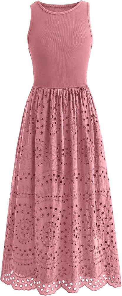 dowerme Women Summer Dresses 2026 Casual Sleeveless Crewneck A-Line Boho Lace Eyelet Cotton Tank ... | Amazon (US)