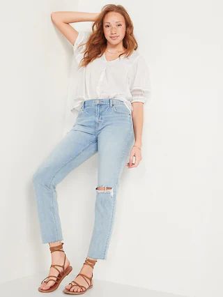 Mid-Rise Light-Wash Ripped Cut-Off Boyfriend Jeans for Women | Old Navy (US)