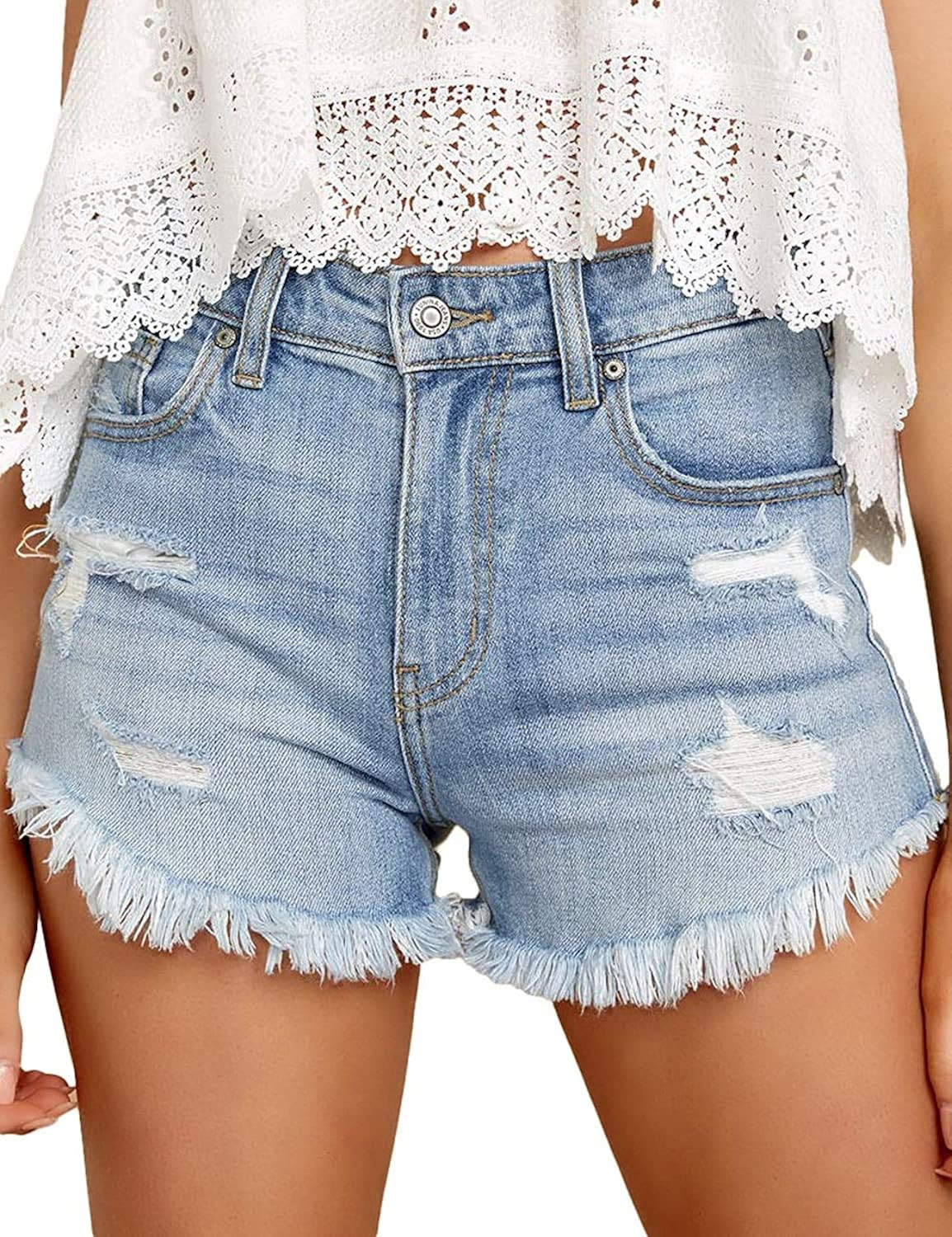 Angerella Denim Shorts for Women Mid Rise Ripped Jean Shorts Stretchy Folded Hem Hot Short Jeans | Amazon (US)