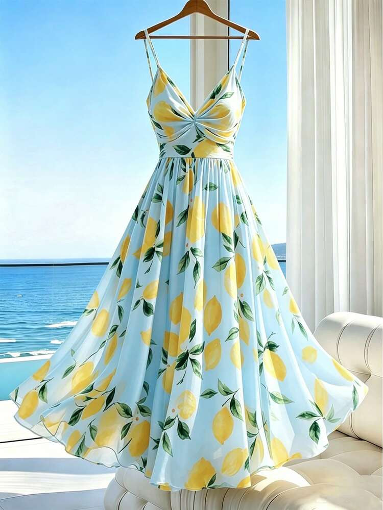 Franclia French Vacation Style Spaghetti Strap Dress, Women's Romantic Dress, Lemon Print Cinched... | SHEIN