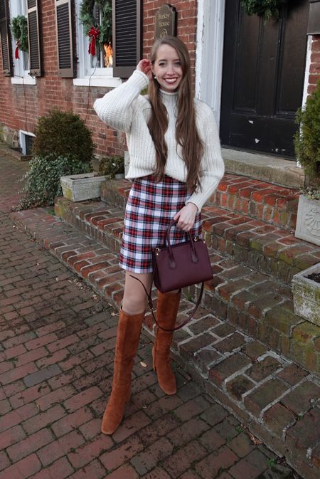 Fun holiday winter outfit! 
.
Christmas outfit plaid skirt chunky knit mock neck cream sweater camel knee high boots suede boots burgundy crossbody bag 

#LTKstyletip #LTKSeasonal #LTKHoliday