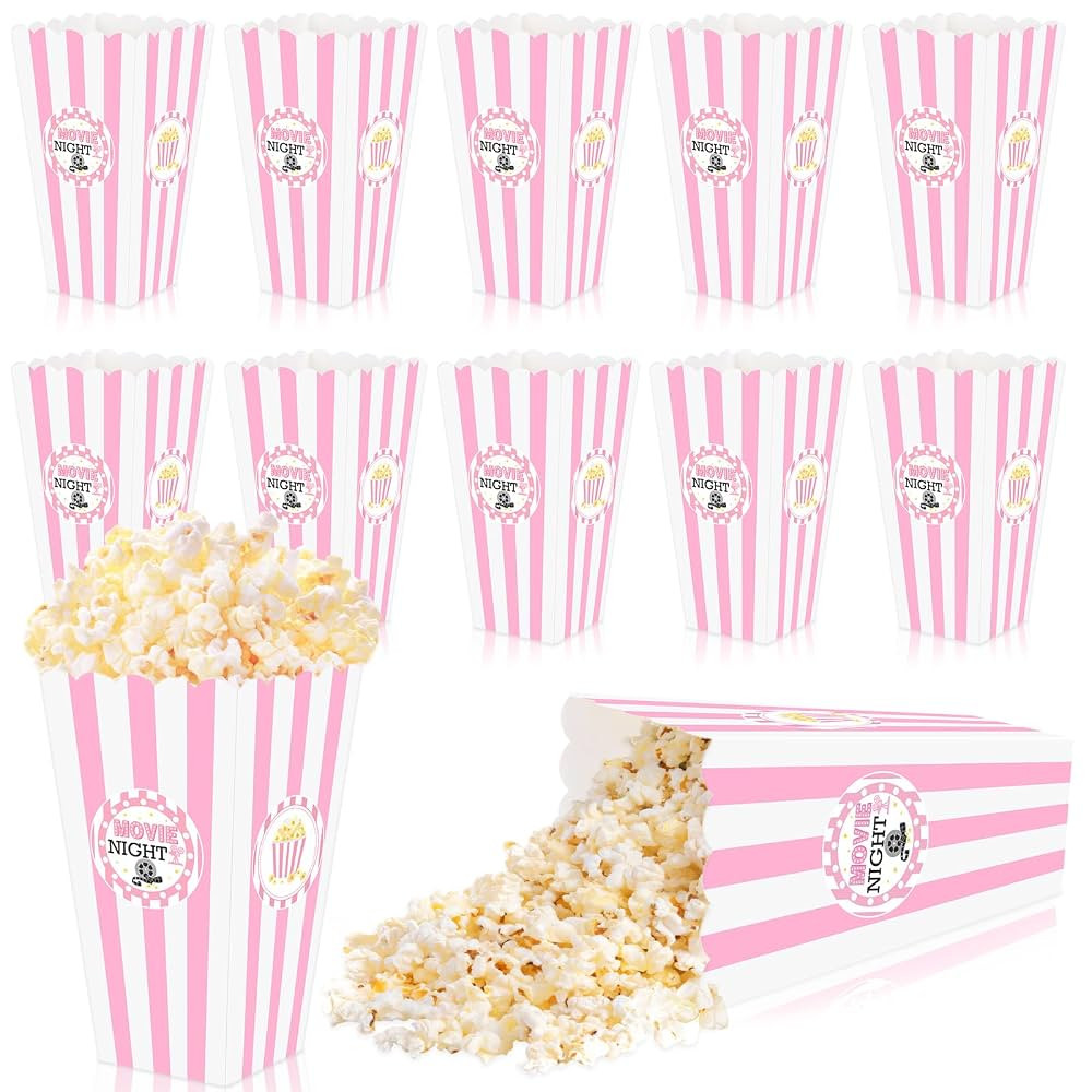 K KUMEED 20 pcs Movie Night Large Popcorn Favor Boxes, 7.8 Inches Tall Pink & White Striped Popco... | Amazon (CA)