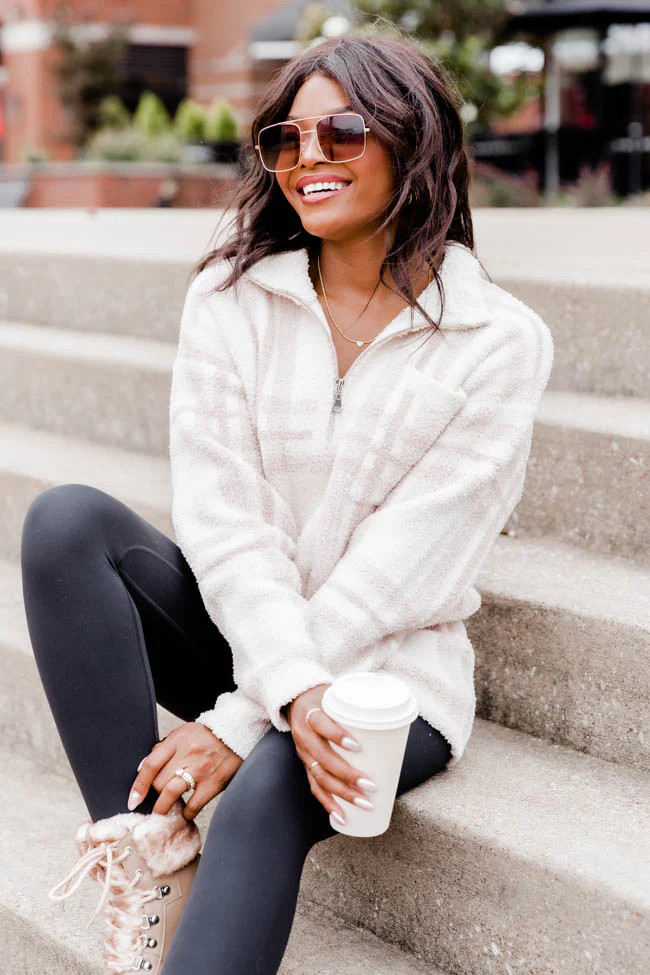 All In Love Oatmeal Fuzzy Plaid Quarter Zip Pullover | Pink Lily