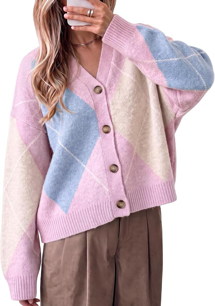 Cicy Bell Women Plaid Color Block Cardigan V Neck Long Sleeve Knit Sweater | Amazon (US)