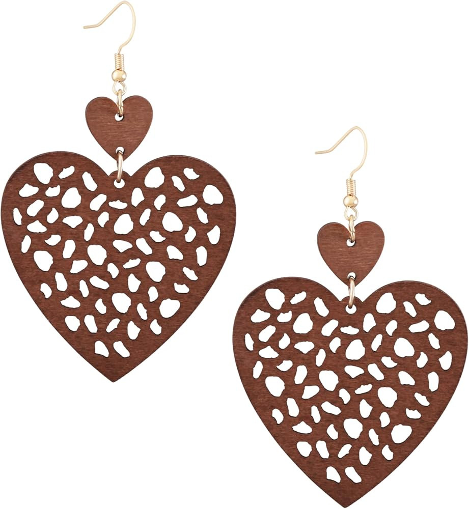 MINACHI Bohemian Hollow Cut-Out Wood Leather Dangle Drop Earrings, Boho Chic Hippie Statement Jew... | Amazon (US)