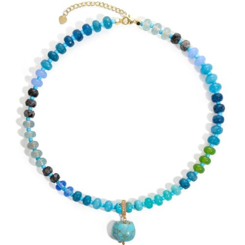 LOOYUUPEE Beaded Gemstone Necklace with Cat Pandent, Colorful Boho Bead Choker Necklaces for Women Natural Stone Necklaces 14K Gold Plated Summer Beach Handmade Jewelry (3-Blue style) | Amazon (US)