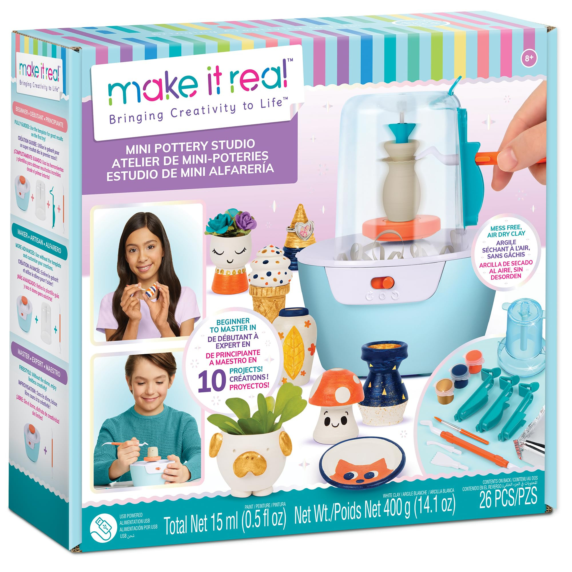 Make It Real Mini Pottery Studio - 26-Piece DIY Pottery Kit with Mess-Free Air Dry Clay - Create ... | Amazon (US)
