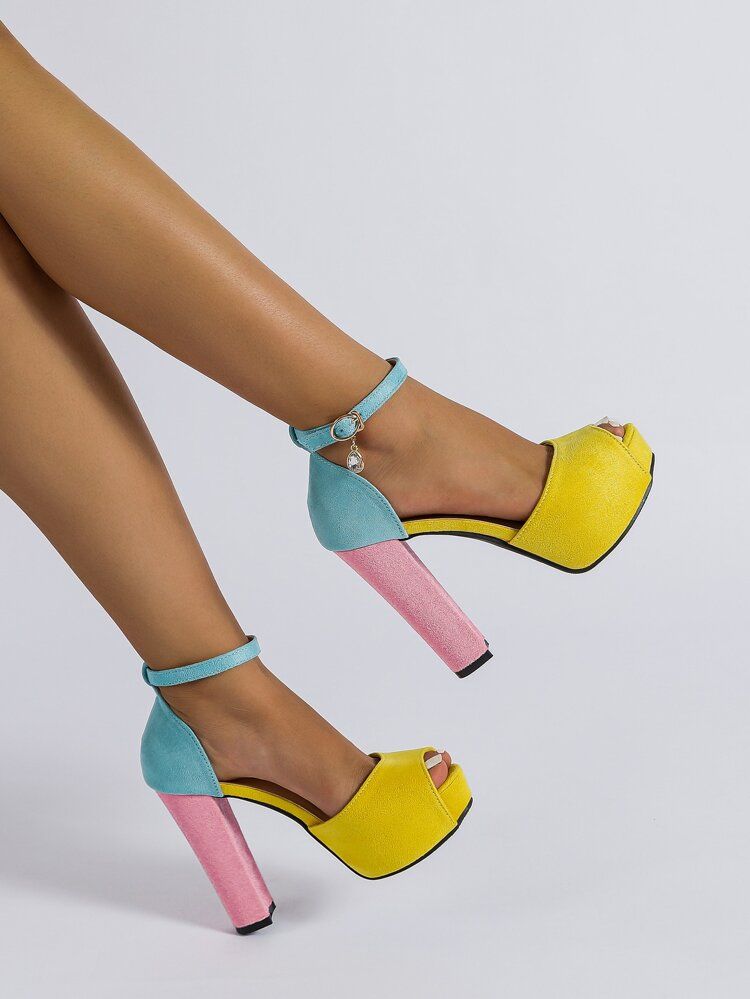 New
     
      Color Block Platform Chunky Heeled Faux Suede Ankle Strap Pumps | SHEIN
