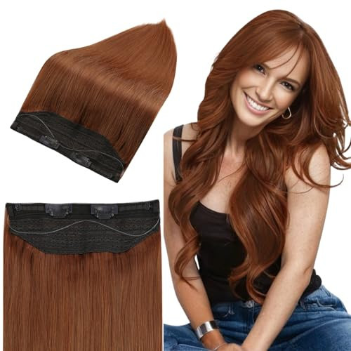 Full Shine Wire Hair Extensions Real Human Hair Orange Hair Long Straight Hairpiece Invisible Wire Hair Extensions with Fishing Line Hair 20 Inch 80G for Party Women | Amazon (US)