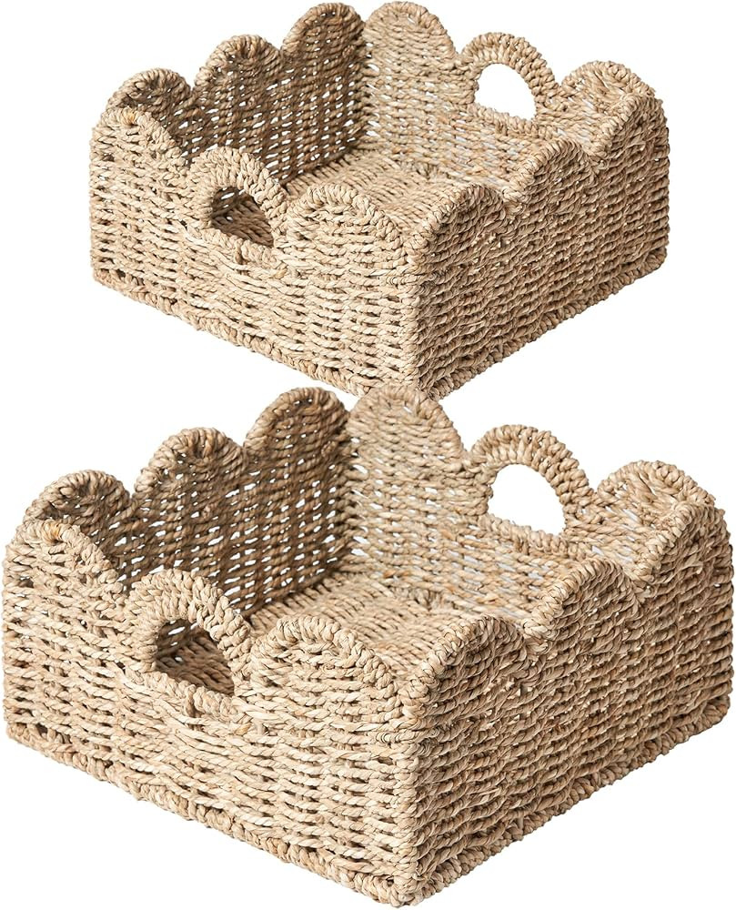 Scalloped Basket 2 Pack Wicker & Rattan Storage with Built-in Handles, Decorative Woven Seagrass ... | Amazon (US)