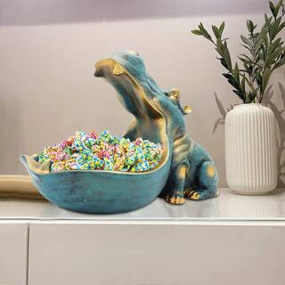 11.8 in. x 6.5 in. x 8.7 in. Dark Blue Large Hippopotamus Resin Sculpture Decor Box Candy Jar Key Bowl | The Home Depot