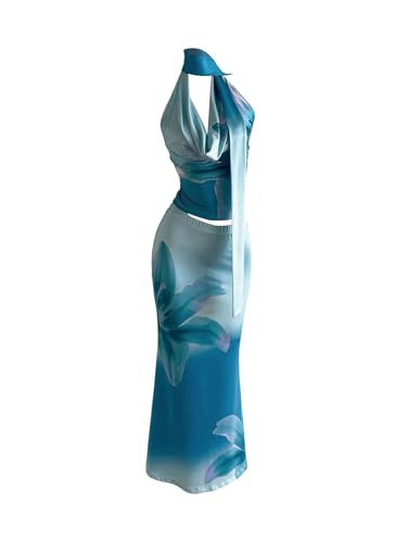 Amazon.com: Floerns Women's 2 Piece Outfit Floral Draped Front Sleeveless Halter Top and Bodycon ... | Amazon (US)
