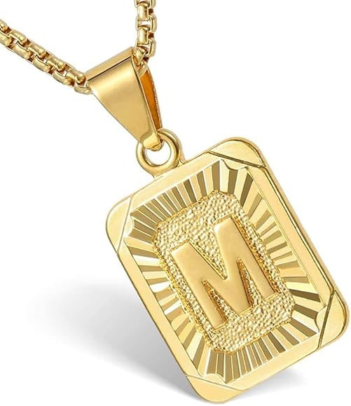 26 Gold Plated Square Capital Initial Letter Charm Pendant Necklace for Men Women Box Steel Chain... | Amazon (US)